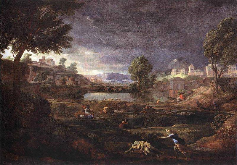 Nicolas Poussin Stormy Landscape with Pyramus and Thisbe oil painting picture